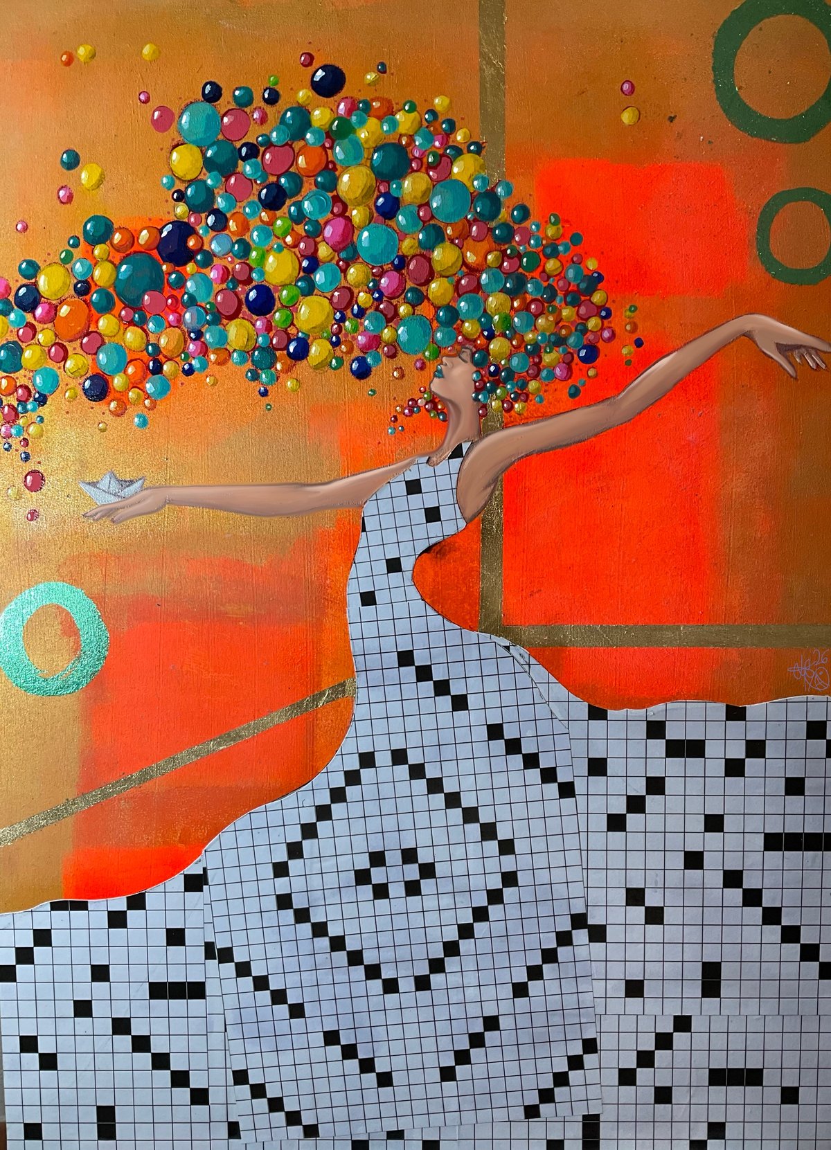 Abstract illustration of a figure blowing colorful bubbles against an orange and blue geometric patterned background