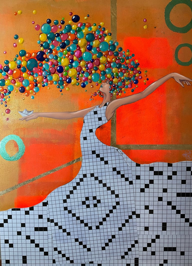 Abstract illustration of a figure blowing colorful bubbles against an orange and blue geometric patterned background