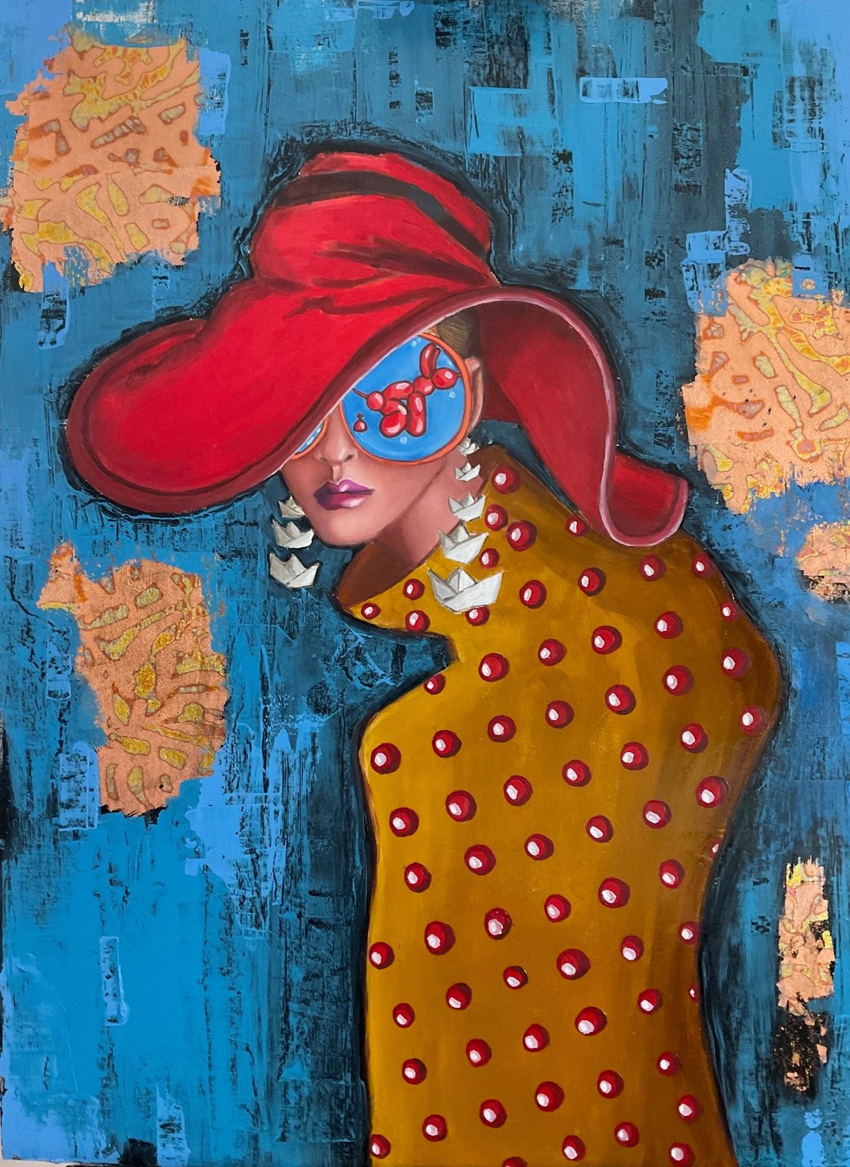 Stylized portrait of a woman wearing a large red hat, red sunglasses, and gold studded garment against a textured blue background with orange floral accents