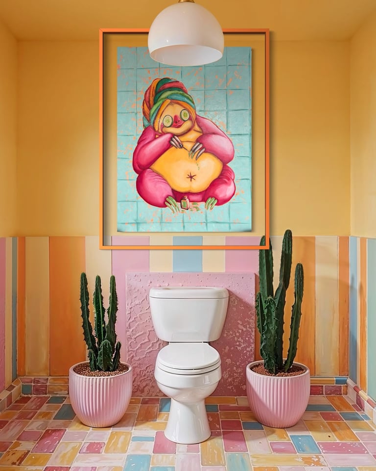 Colorful bathroom with white toilet, pink textured wall, striped orange walls, cacti in pink pots, and playful artwork
