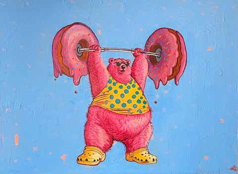 Bright pink cartoon bear lifting giant pink donuts on a barbell against a blue background