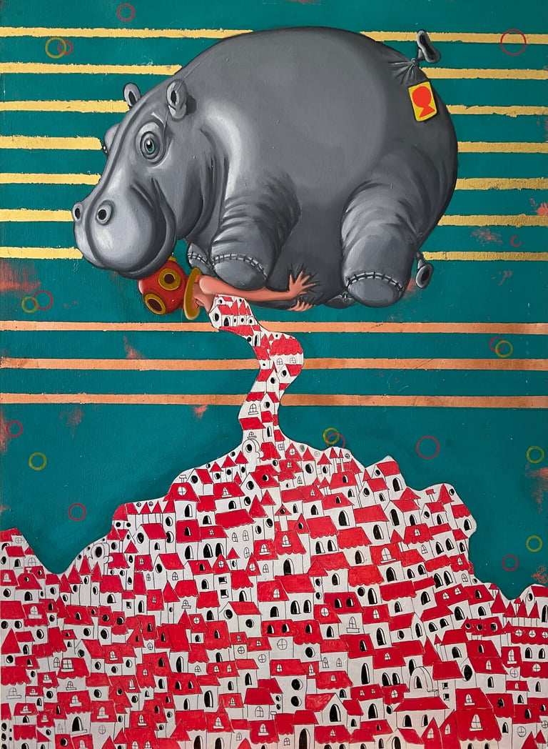 Whimsical illustration of a gray hippo pouring red and white houses from its mouth onto a striped turquoise background