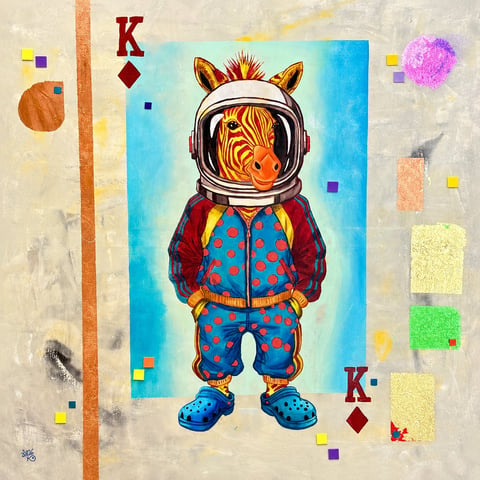 Stylized astronaut character with zebra-striped face wearing a space helmet