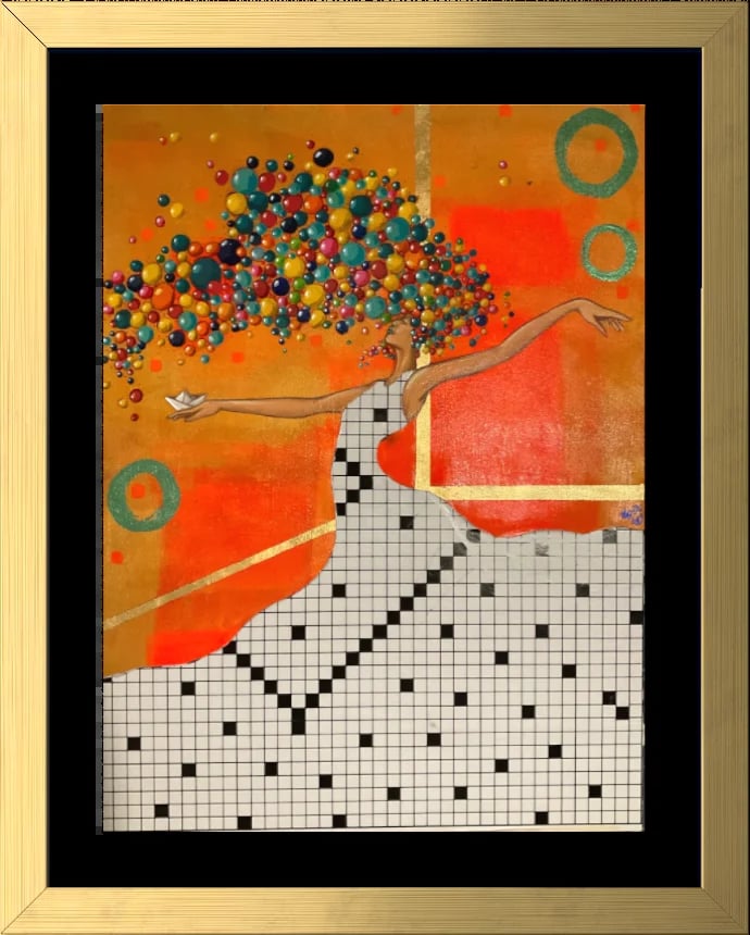 Abstract digital art of a figure with colorful spheres erupting from their head, set against warm orange tones with geometric patterns and circular shapes