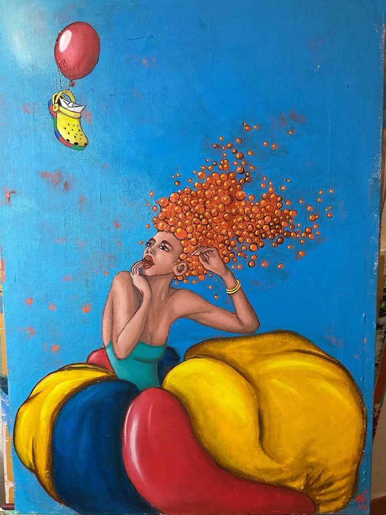 Colorful mural of a shirtless figure with orange bubbles for hair sitting on inflatable shapes with red balloon and yellow sock