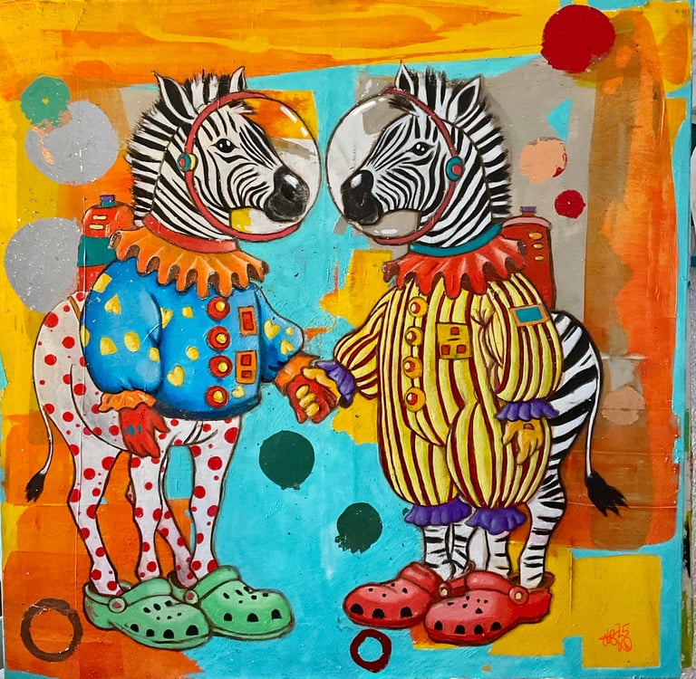 Two colorful zebras wearing patterned clothing and oversized shoes against vibrant orange and blue abstract background