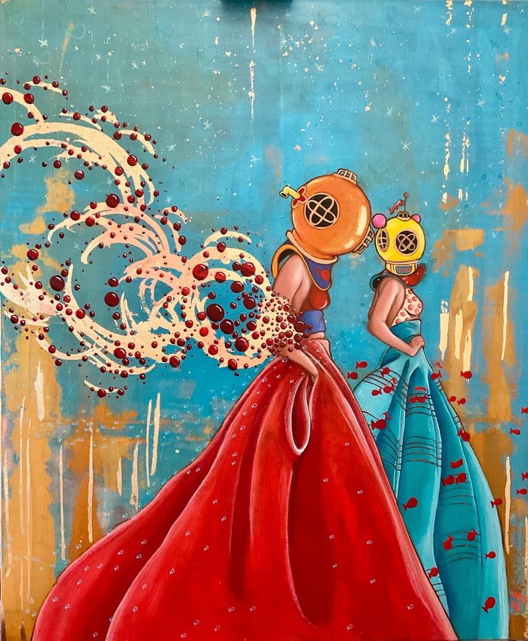 Two divers in vintage diving suits and helmets holding decorative swirling coral elements