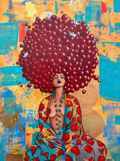 Woman with large afro made of red spheres wearing colorful patterned clothing against vibrant abstract background with geometric shapes
