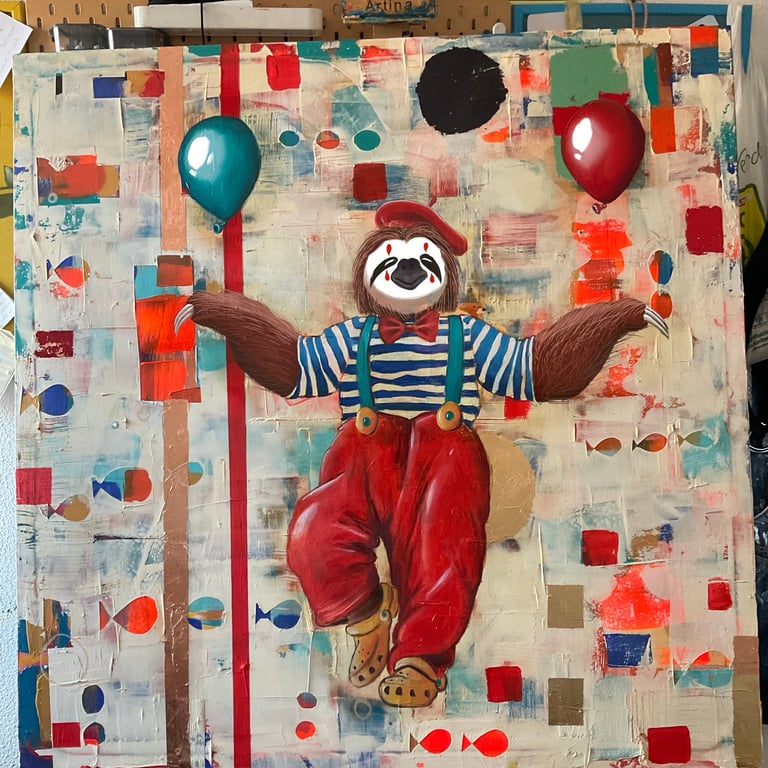 Whimsical clown figure with red nose and striped shirt juggling colorful balloons on abstract collage background