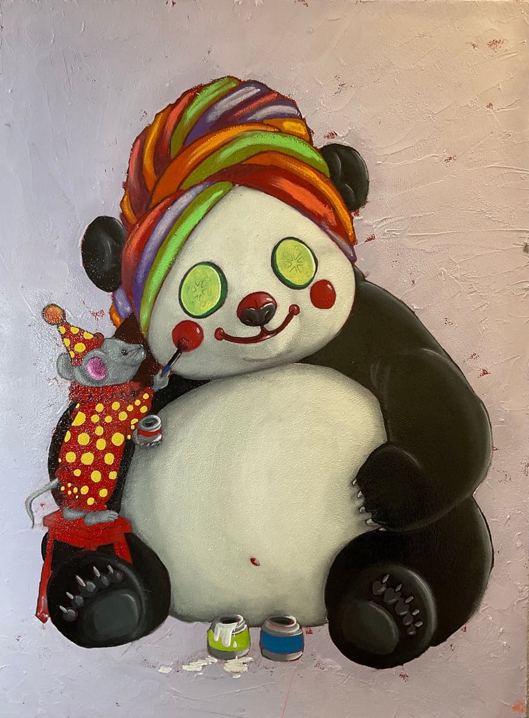 Whimsical painted character of a round figure with cucumber slice eyes, colorful striped turban, holding a small toy jester