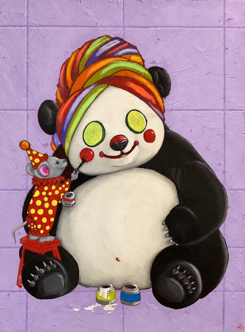 Cheerful painted clown figure with rainbow turban, holding a colorful toy, sitting against purple tiled background