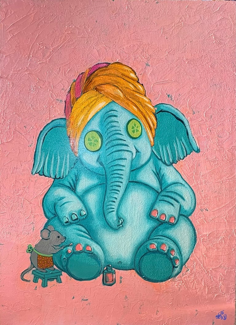 Whimsical illustration of a turquoise elephant with golden hair, cucumber eyes, and pink nail polish sitting with a small mouse on a pink textured background