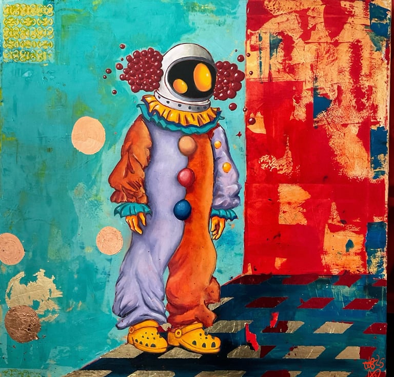 Colorful mixed media artwork of a whimsical robot clown with purple body, orange arms, large eyes, and yellow feet