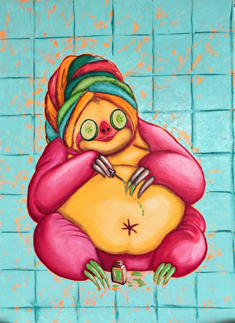 Colorful street art drawing of a cheerful cartoon character with yellow skin, rainbow headwrap, pink puffy arms, and cucumber-slice eyes on turquoise tiled background