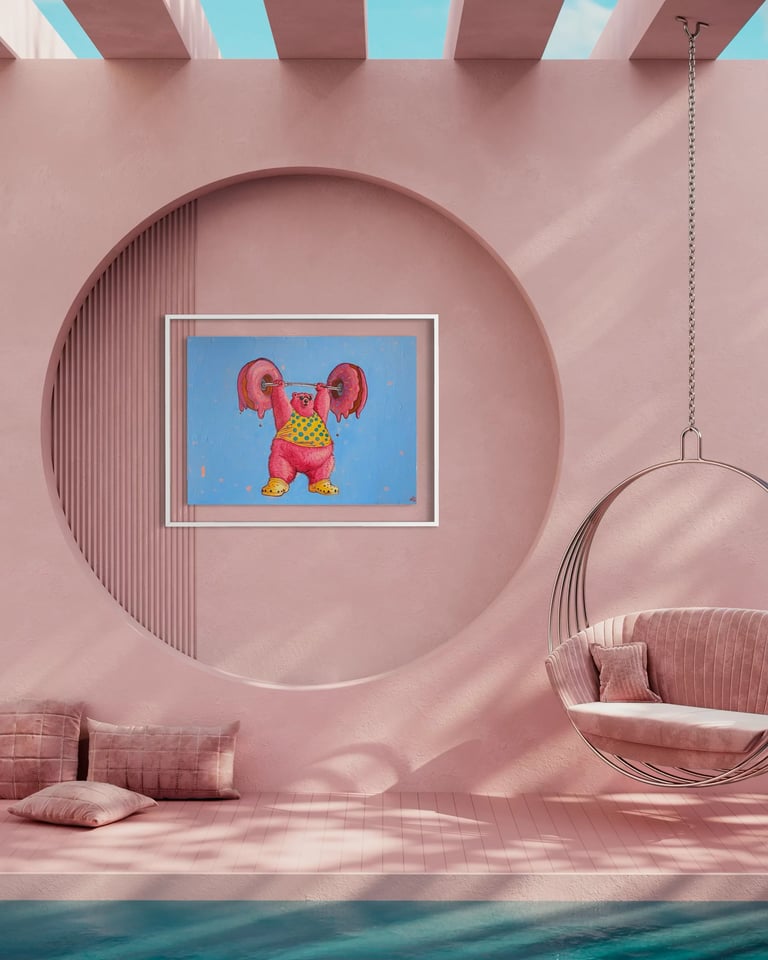 Modern pink room with circular wall niche, framed colorful elephant artwork, hanging swing chair, and cushioned floor seating
