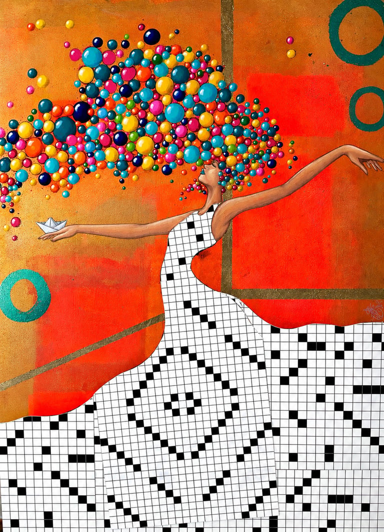 Woman in pixelated dress releasing colorful bubbles against vibrant orange and red background