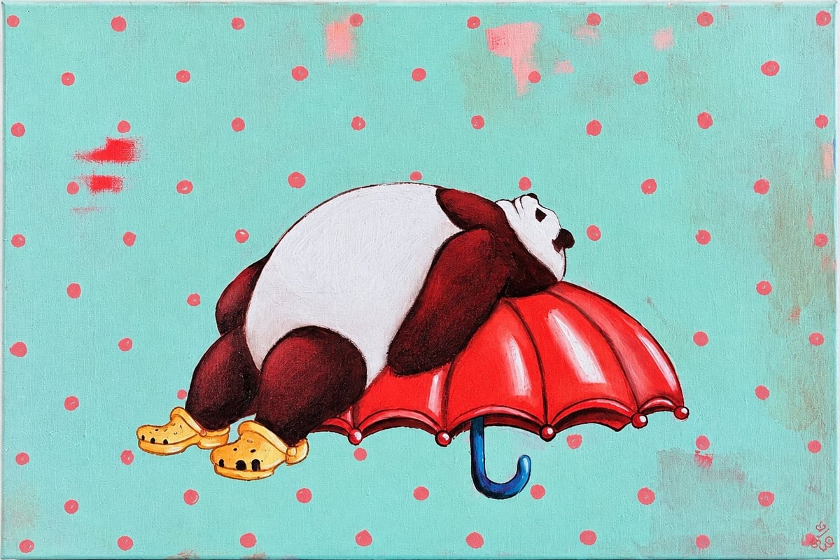 Illustration of a chubby panda lying on a red umbrella with yellow shoes against a turquoise background with pink dots