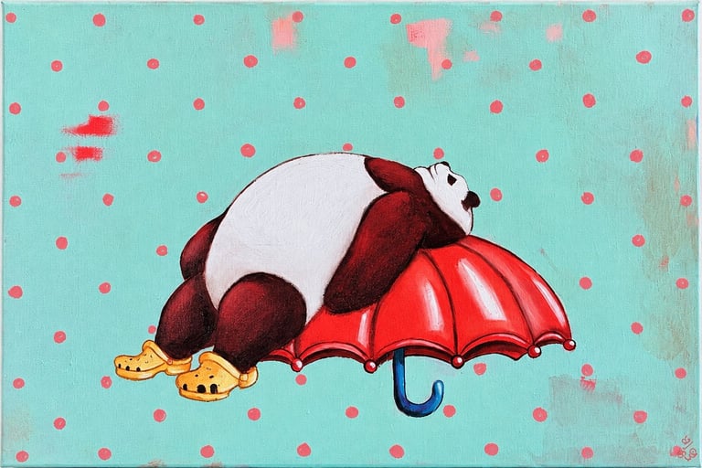 Illustration of a chubby panda lying on a red umbrella with yellow shoes against a turquoise background with pink dots