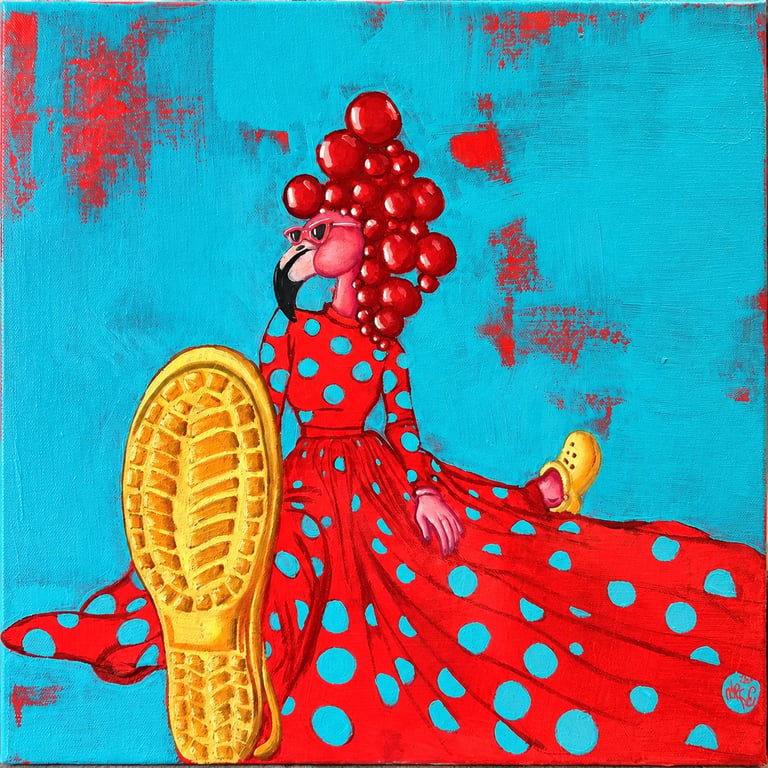 Person in red polka dot outfit holding red grapes above head with yellow shoe sole visible on bright blue textured background