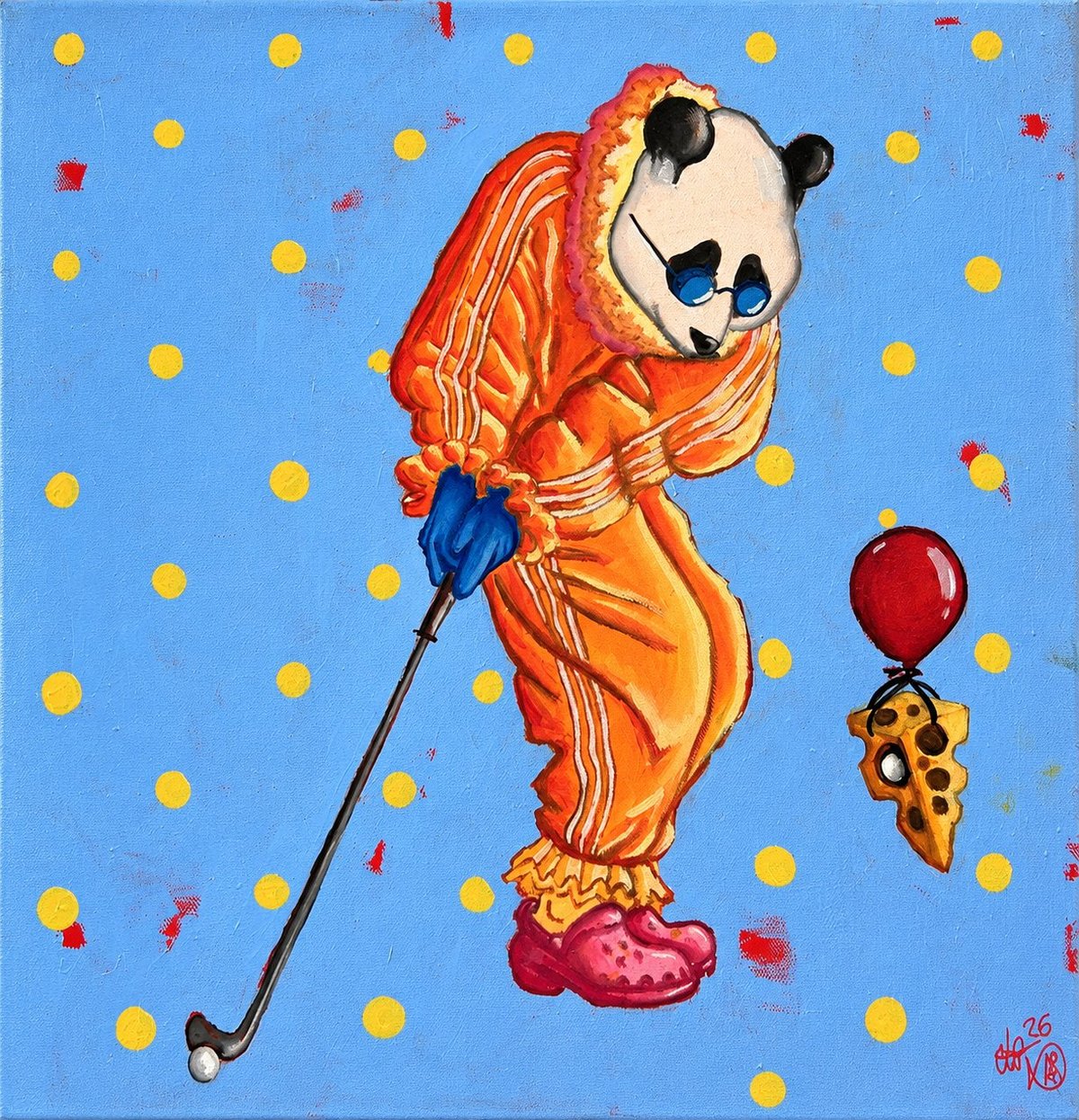 Cartoon illustration of a smiling panda in red and orange clothing holding a hockey stick against a blue background with yellow dots