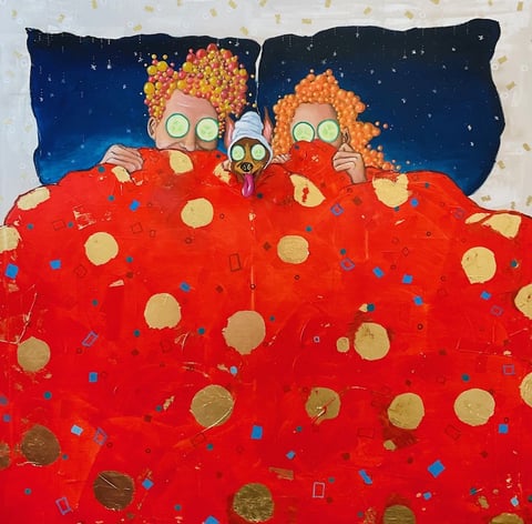 Three figures with orange curly hair peeking out from under a red blanket with gold coins scattered on it, against a starry night sky
